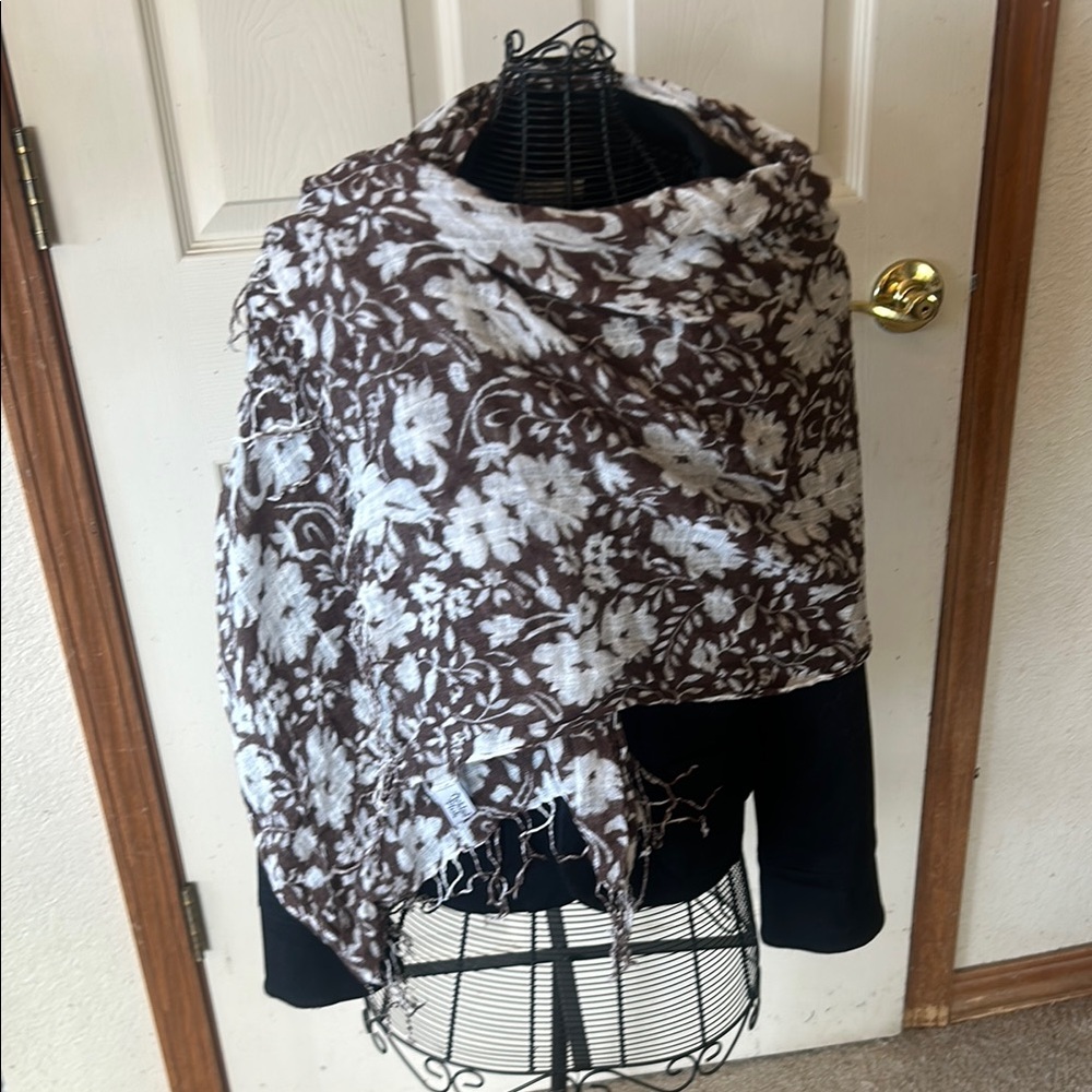 Floral Brown and White Shawl or wrap
